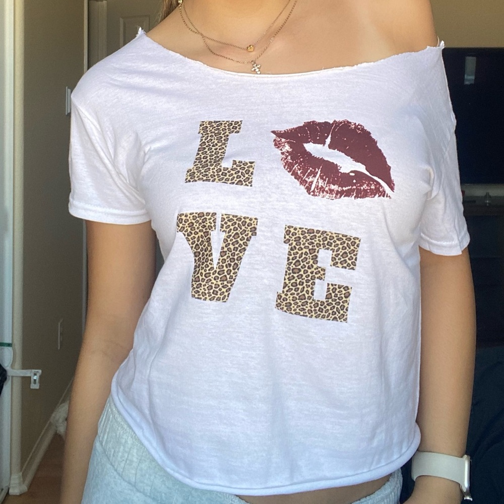 hand printed cheetah print LOVE kiss off the shoulder baby tee made by me